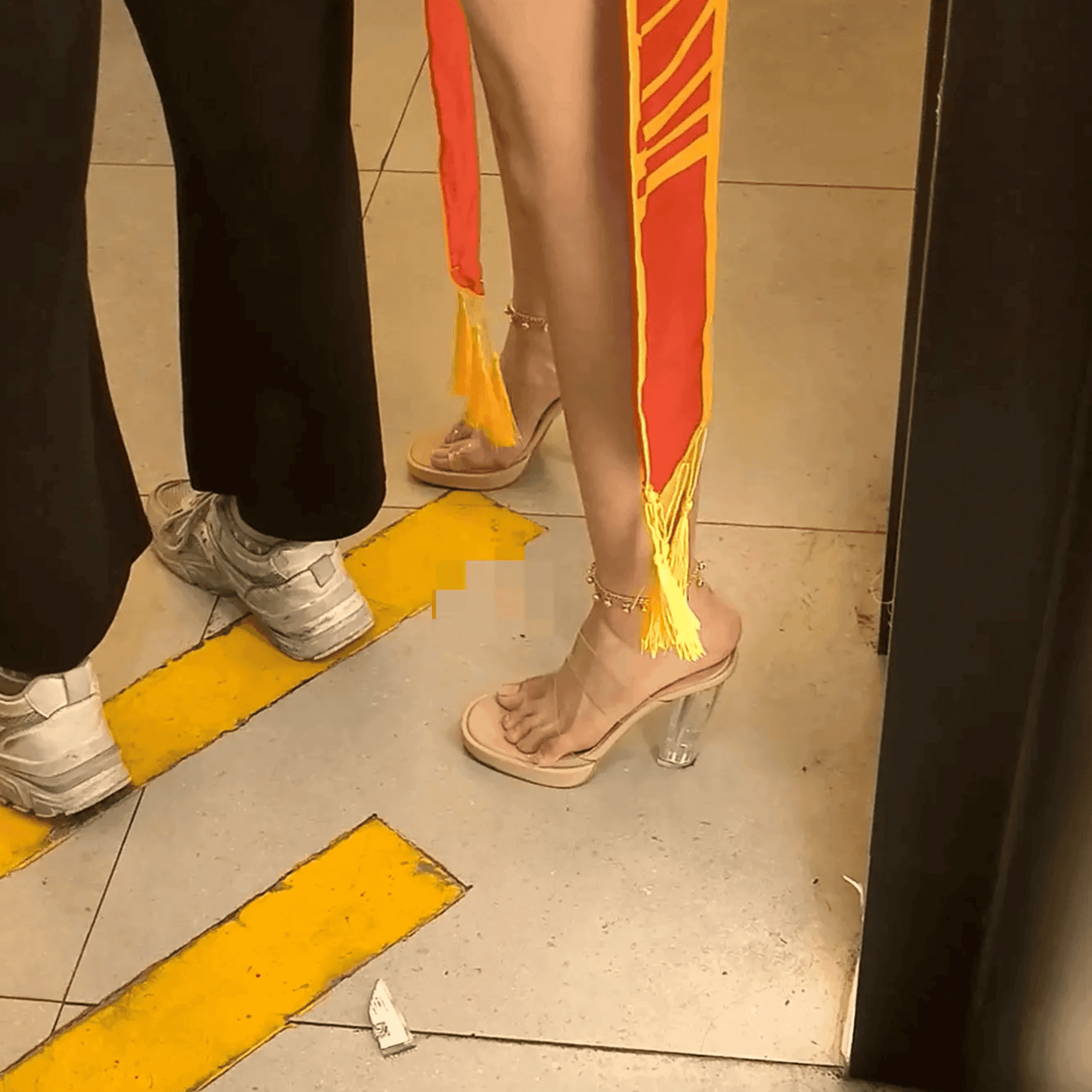Anime convention woman in transparent high heels candid crushing