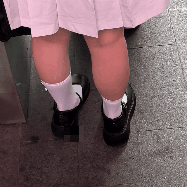Anime convention woman white socks leather shoes candid crushing 4