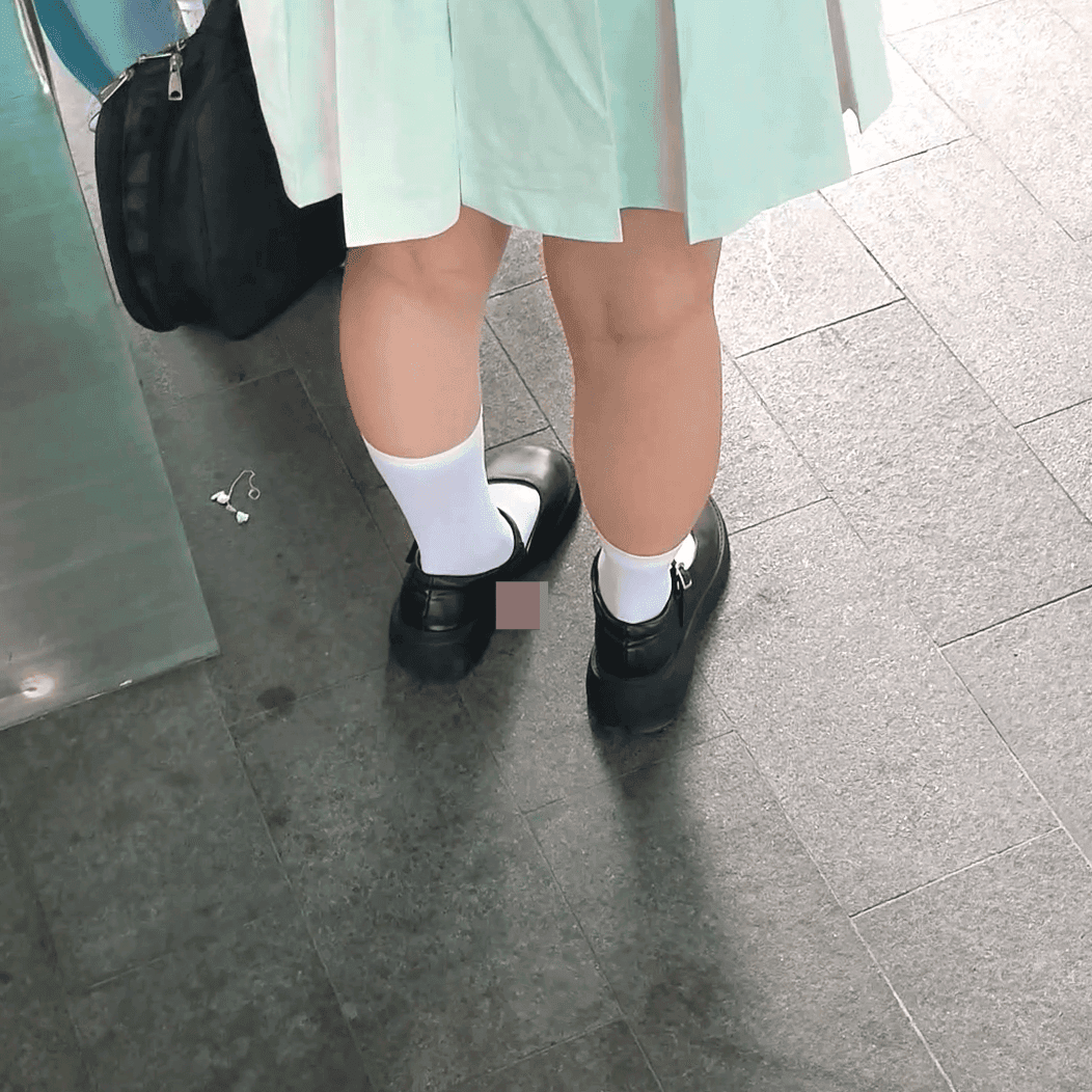 Anime convention woman white socks leather shoes candid crushing