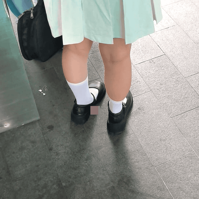 Anime convention woman white socks leather shoes candid crushing 1