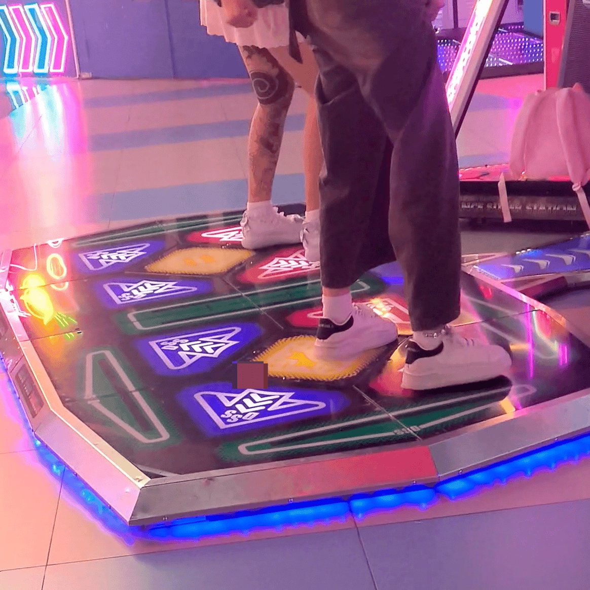 Dance machine two pretty women in McQueen sneakers and leather shoes candid crushing